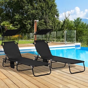 Black Metal Outdoor Chaise Lounge, Folding Pool Chairs, Outdoor Sun Tanning Chairs with Canopy Shade, Reclining Back