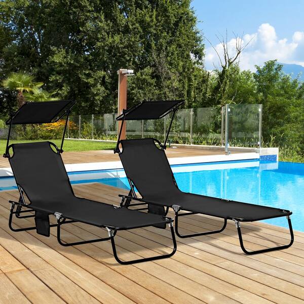 Otryad Black Metal Outdoor Chaise Lounge, Folding Pool Chairs, Outdoor Sun Tanning Chairs with Canopy Shade, Reclining Back