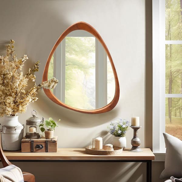 LuxHomez 19 in. W x 24 in. H Irregular Natural Wood-Frame Wall Mirror, Distinctive Asymmetric Design