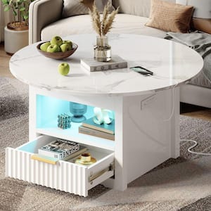 31.5 in. Glossy White Marble Color Round Wood Coffee Table with Lift Up Desktpo and Storage