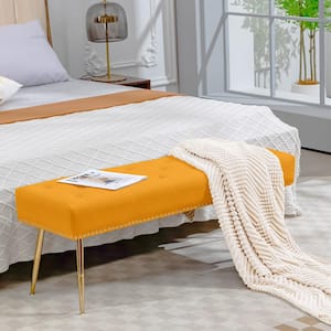 Modern Yellow Velvet Ottoman Bench with Gold Base & Diamond Tufted Design for Bedroom