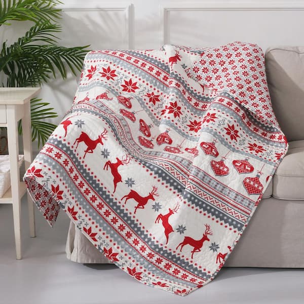 LEVTEX HOME Silent Night Grey Red White Reindeer Snowflake Christmas Quilted Cotton Throw Blanket L60200QT - The Home Depot