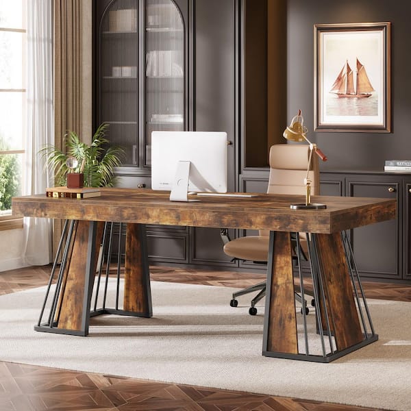 BYBLIGHT Moronia 70.9 in. Rectangle Rustic Brown Industrial Wood and Metal Executive Desk with Spacious Desktop