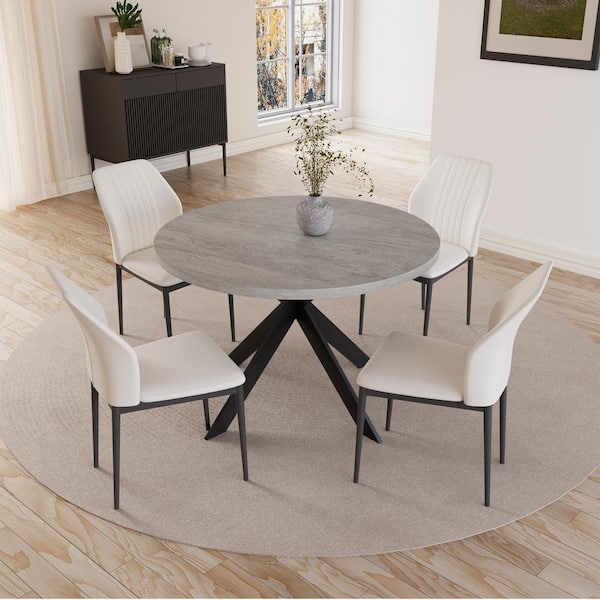 5-Piece White Chairs and Round Gray Dining Table, Dining Table Set with Matching 4 PU Chairs