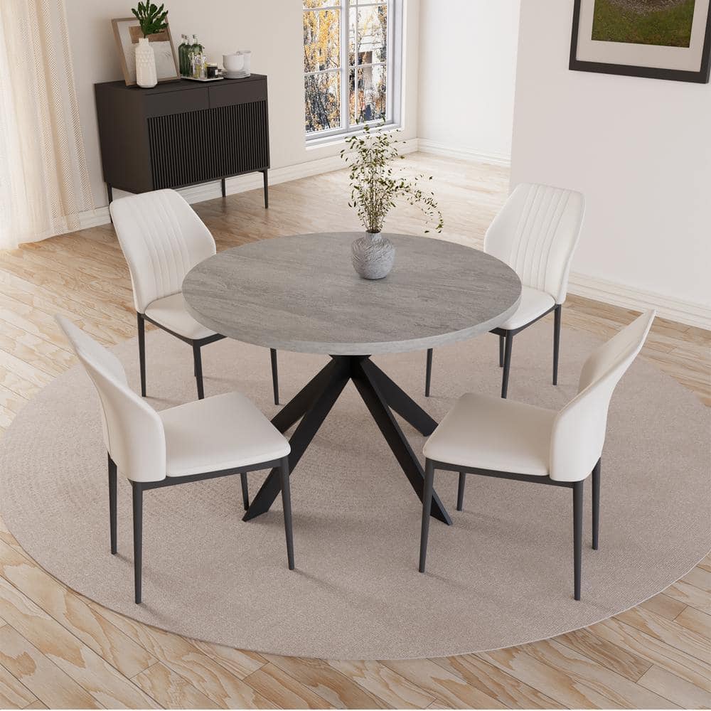 5-Piece Round Gray MDF Dining Table Top Dining Room Set Seating 4-with White Chairs -  GOJANE, WF290791LWYAAD