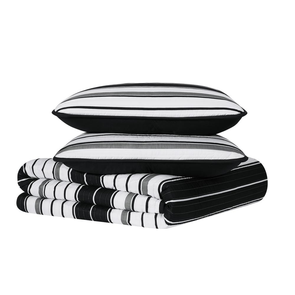 Black and White Striped Twin Microfiber Quilt Set
