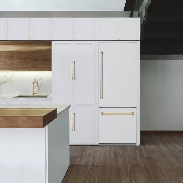 white matte refrigerator with gold handles