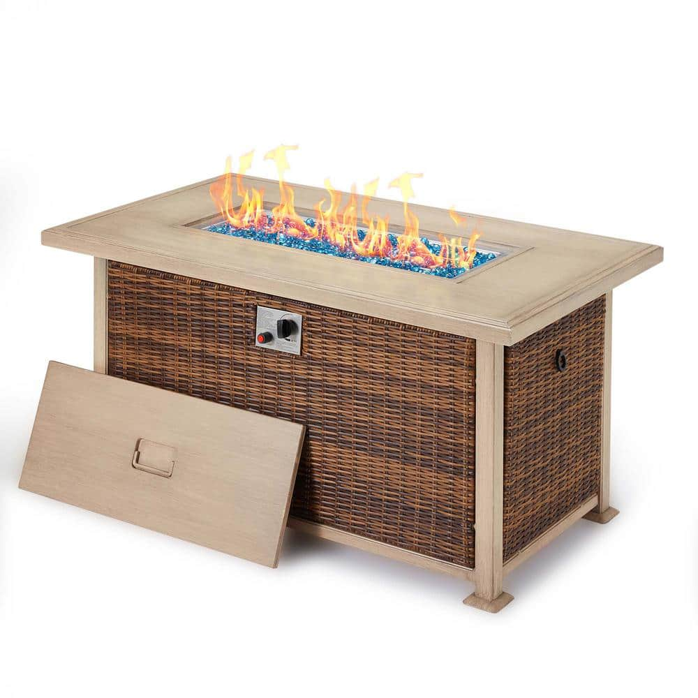 Brown 50 in. Rectangular Wicker Propane Outdoor Fire Pit Table for ...