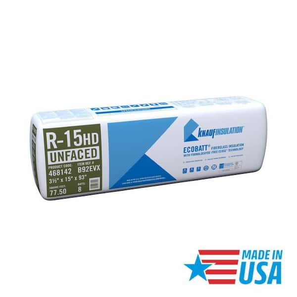 Knauf Insulation R15 Unfaced 15 in. x 93 in. Precut Fiberglass Insulation Batts for 2x4 Wall, Attic - Sound-Reducing, USA Made (1-Bag)