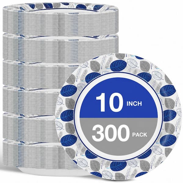 300-Count 10 Inch Large Disposable Paper Dinner Plates, Bulk Pack, Soak Proof and Cut Resistant