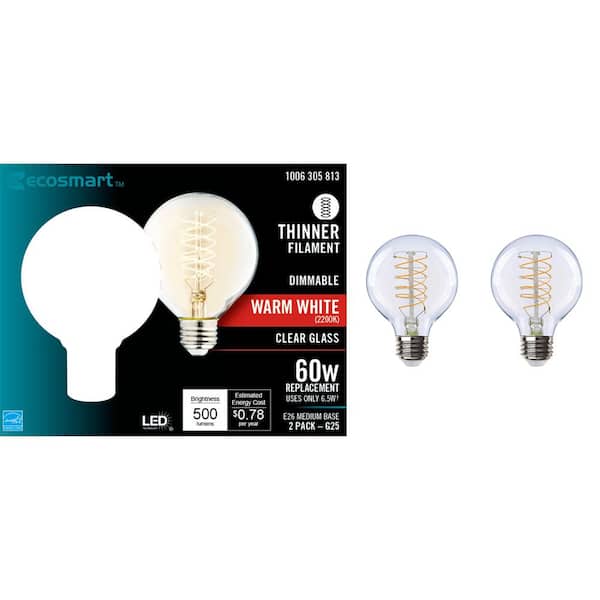 EcoSmart 60-Watt Equivalent G25 Dimmable Fine Bendy Filament LED Vintage Edison Light Bulb Warm White (2-Pack)