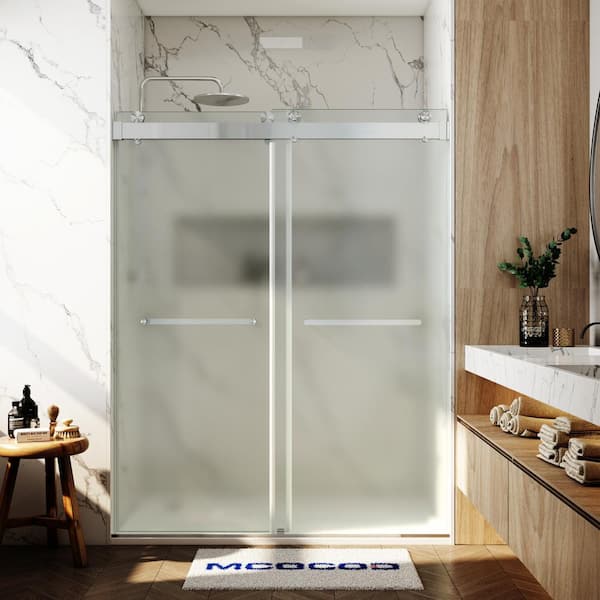 MCOCOD 56-60.75 in. W x 79 in. H Double Sliding Frameless Soft Close Shower Door in Brushed Nickel with 3/8 in. Frosted Glass