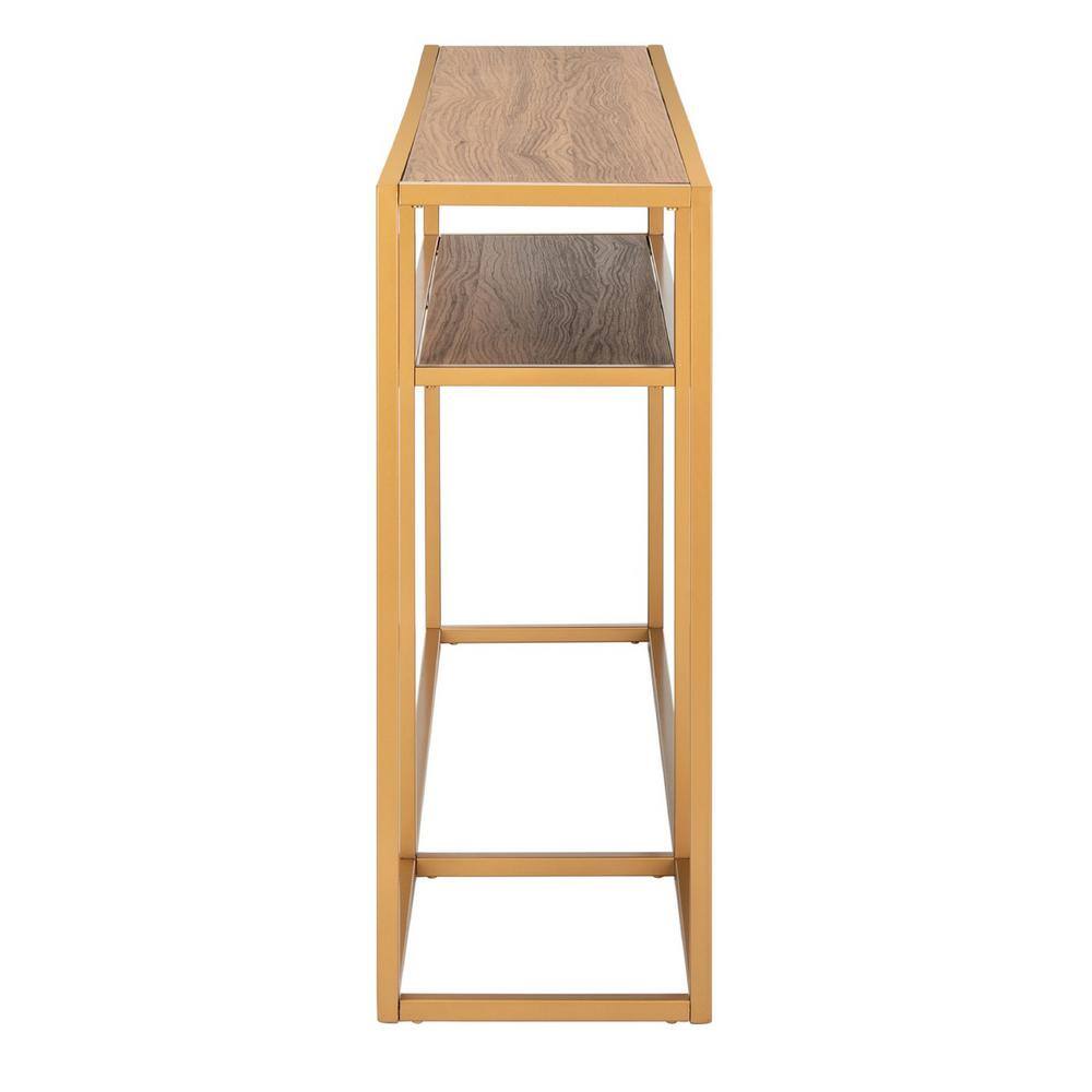 Transitional Walnut & Gold Rectangular Console Table with Storage