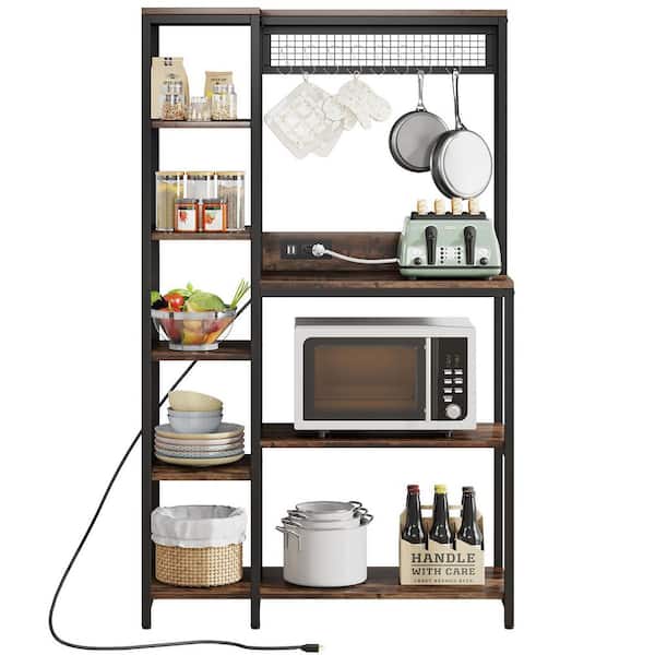 Hommoo Multipurpose Kitchen Storage Rack, Kitchen Baker's Rack with Power  Outlet, Storage Microwave Stand Coffee Bar Station, Rustic Brown 