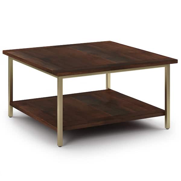Simpli Home Skyler 34 in. Dark Brown/Gold Square Mango Wood Top Coffee Table with Shelf