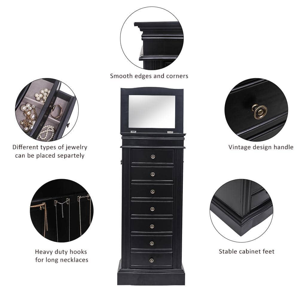 Black MDF Freestanding Jewelry Armoire with Mirror and 7 Drawers