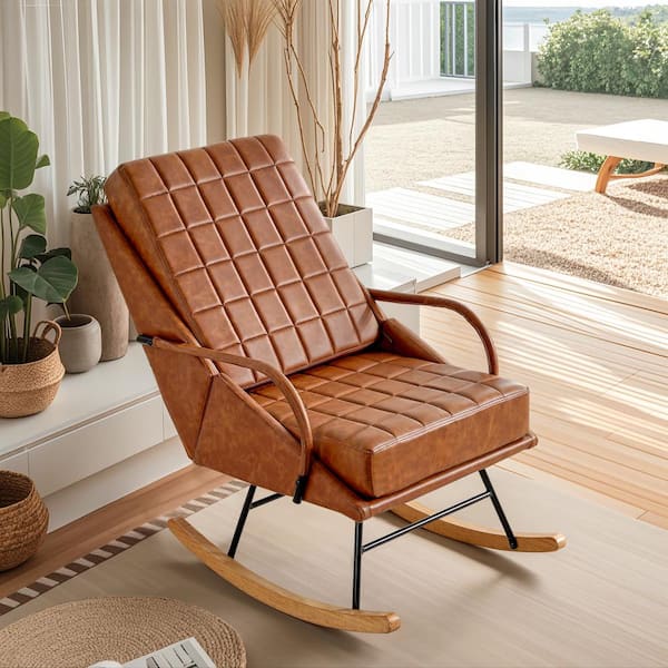 VECELO Brown Rocking Chair Nursery Leather Glider Rocker with High