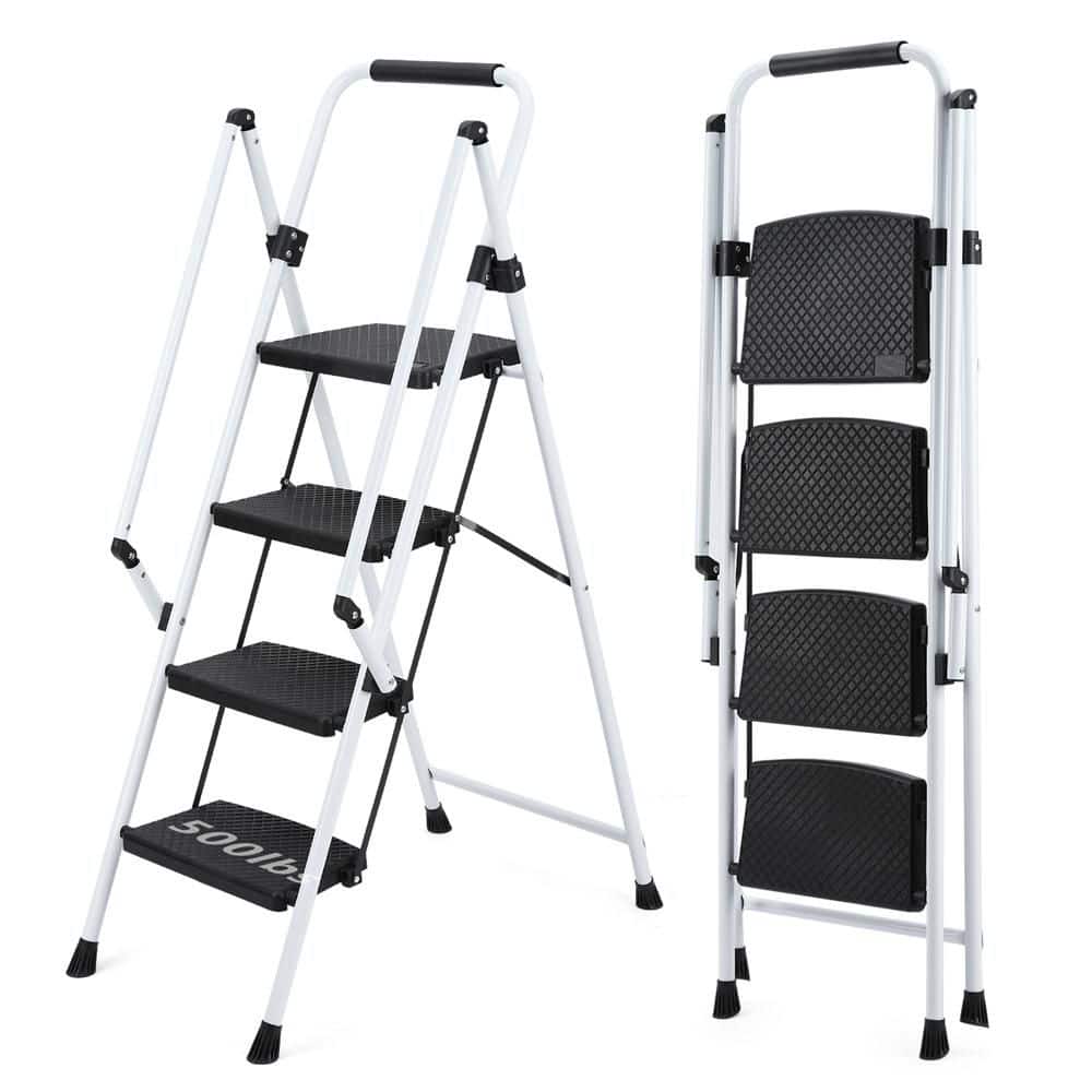 Lightweight Step Stool, 4-Step Steel Portable Folding Step Ladder with Wide