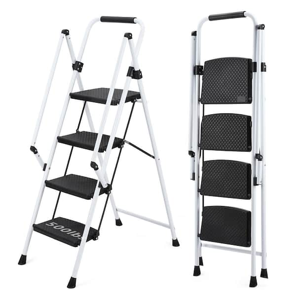 Unbranded Lightweight Step Stool, 4-Step Steel Portable Folding Step Ladder with Wide Anti-Slip Pedals and Safety Handle