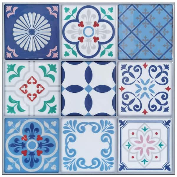 null EVA Talavera Mexican Blue 12 in. x 12 in. Vinyl Peel and Stick Tile Thicker Design (9.5 sq. ft./Box)