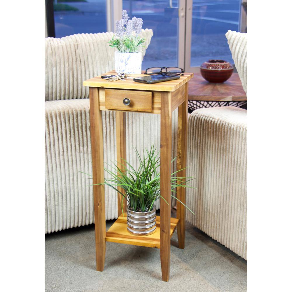 Natural Lacquered Acacia Wood Accent Table with Drawer
