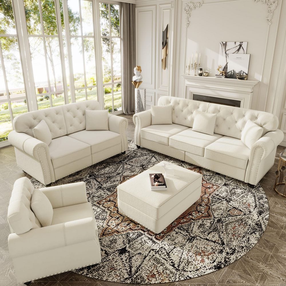 4-Piece Beige and White Velvet Upholstery Living Room Set