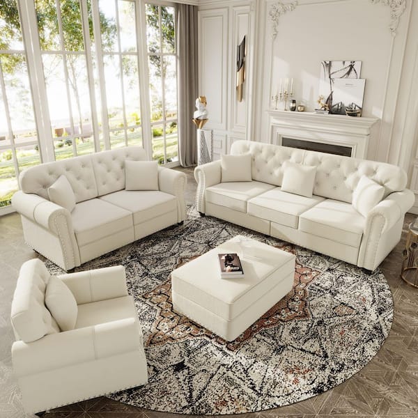 4-Piece Beige and White Velvet Upholstery Living Room Set