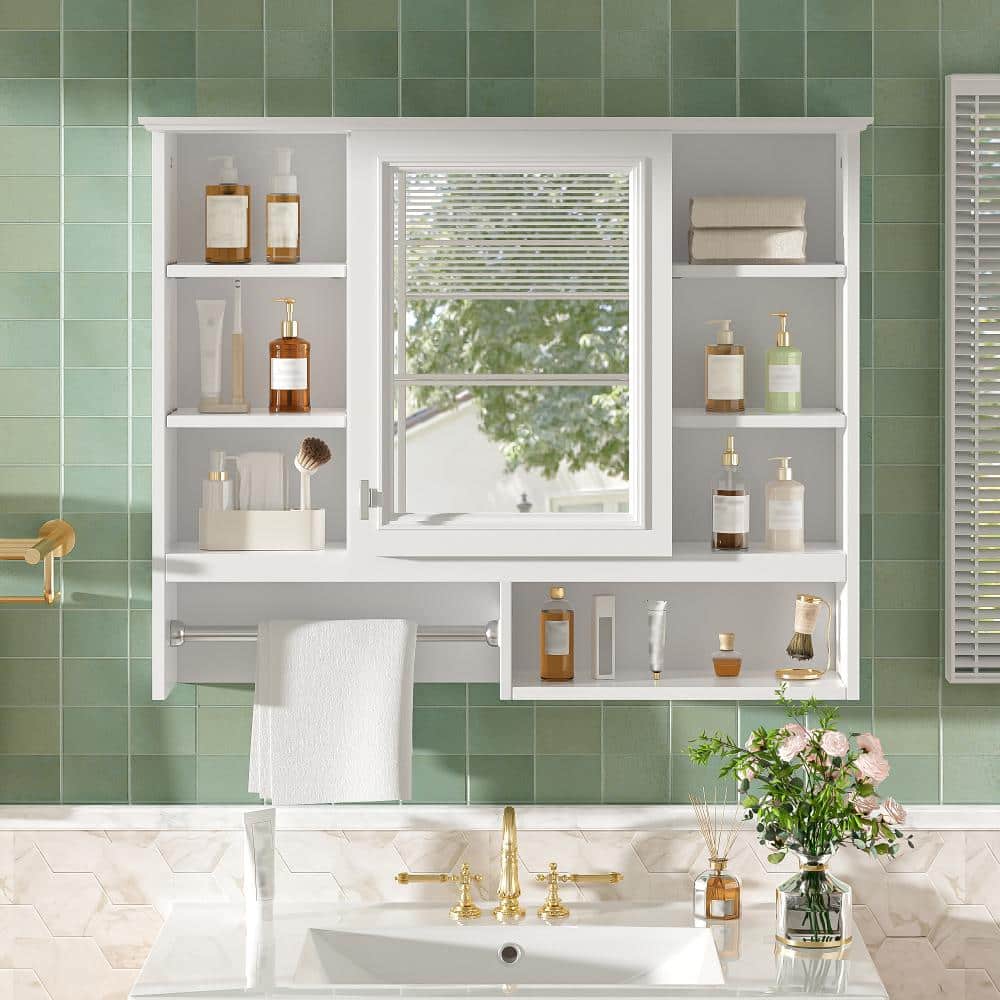 35 in. W x 28 in. H White Rectangular Surface Mount Medicine Cabinet with Mirror, Adjustable Shelves, Soft-Closing Hinge price history on PriceWatchPro