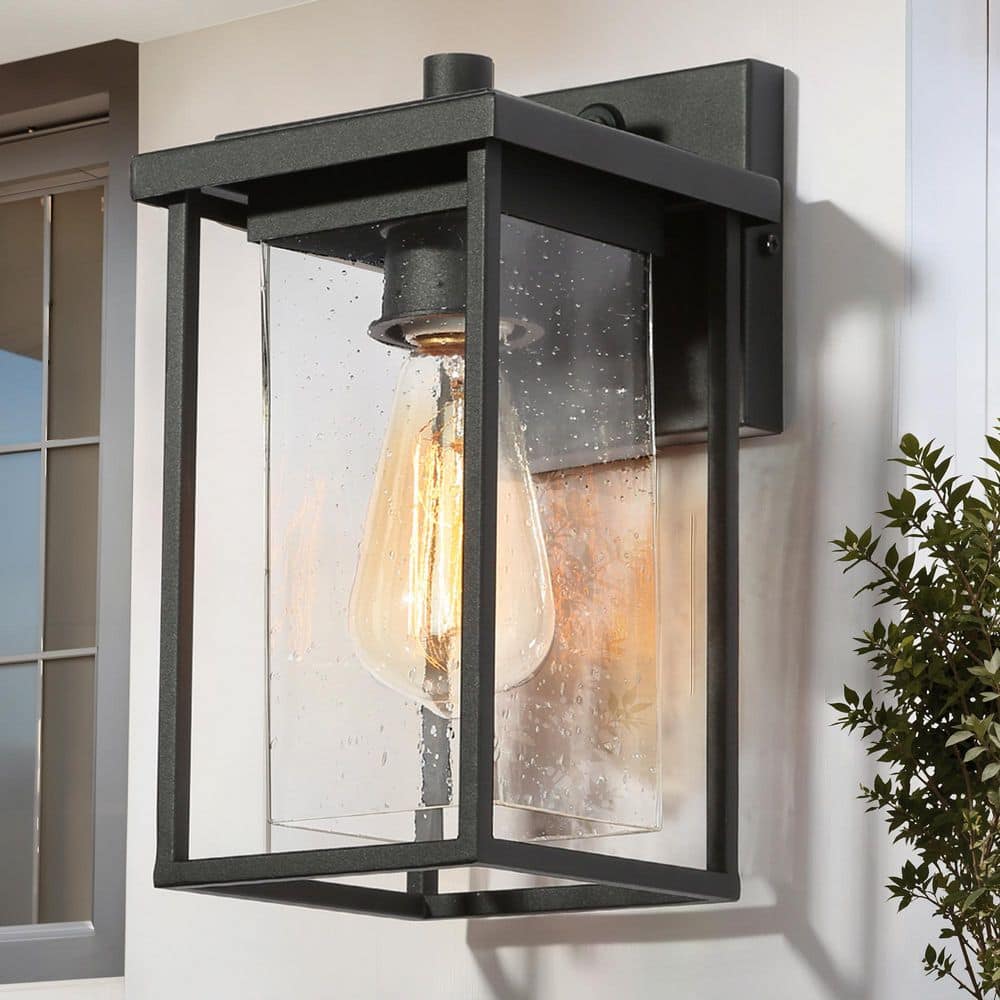 Modern Black Outdoor Wall Sconce 1-Light Rustic Cage Wall Lantern for Patio with Square Seeded Glass Shade price history on PriceWatchPro