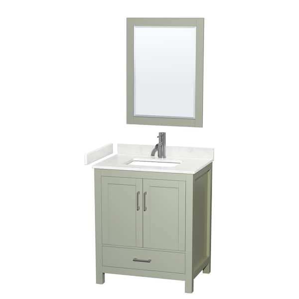 Wyndham Collection Sheffield 30 in. W x 22 in. D x 35 in. H Single Bath Vanity in Light Green w/ Carrara Cultured Marble Top, 24 in. Mirror