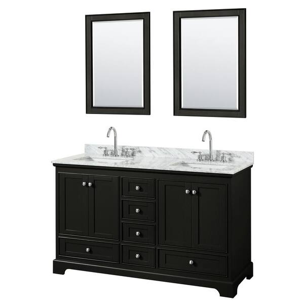Wyndham Collection Deborah 60 in. Double Vanity in Dark Espresso with Marble Vanity Top in White Carrara with White Basins and Mirrors
