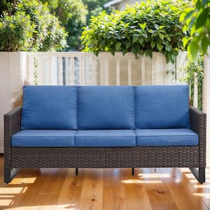 Valenta Brown Wicker Outdoor Couch with Blue Cushions