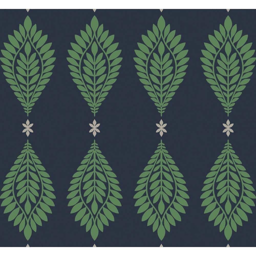 Midnight Blue and Spearmint Palm Frond Vinyl Wallpaper