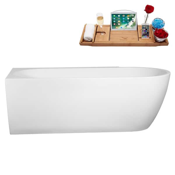 Streamline 65 in. x 31 in. Acrylic Freestanding Soaking Bathtub in Glossy White with Matte Black Drain, Bamboo Tray