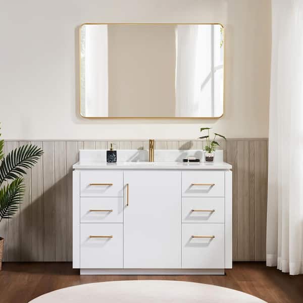 ROSWELL San 48 in. W x 22 in. D x 33.8 in. H Single Bath Vanity in White with White Engineered Stone Top and Mirror