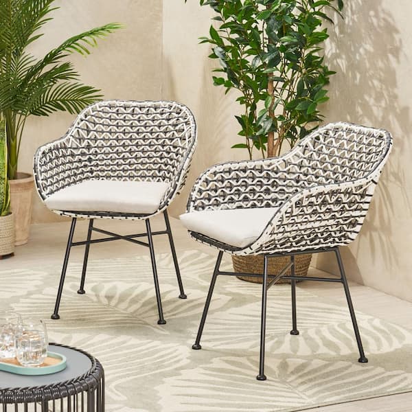 Zeus & Ruta Black PE Rattan Wicker Iron Outdoor Dining Chairs with Beige Cushion, Set of 2