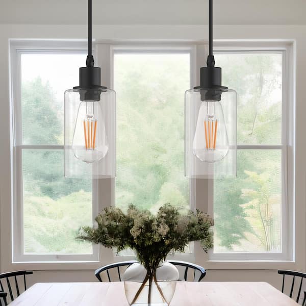 (2 Pack) 1-Light Modern Matte Black Pendant Lights w/ Clear Glass Shade Industrial Hanging Light for Kitchen Dining Room