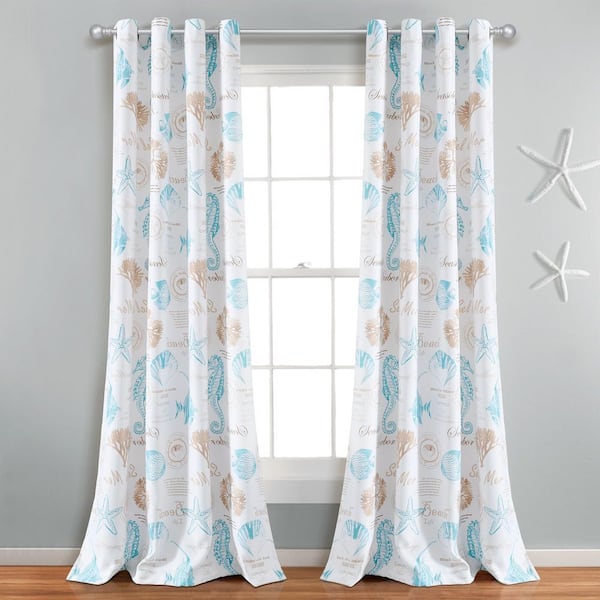 HOMEBOUTIQUE Harbor Life Light Filtering Window Curtain Panels Blue/Taupe Single 52 in. W x 84