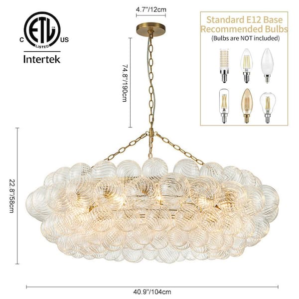 12-Light Brass Bubble Globe Swirled Glass Chandelier Modern Cluster Hanging Pendant Light Fixture for Living Room
