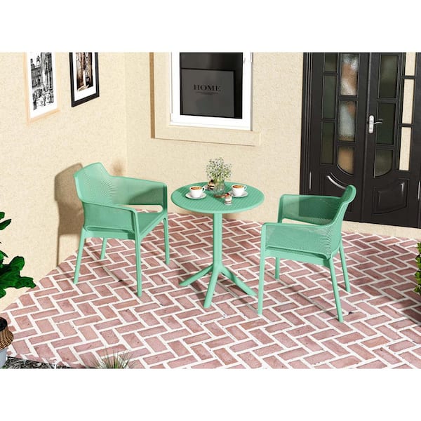Zeus & Ruta Green 3-Piece Plastic Outdoor Bistro Set, All Weather Patio Table Chair Set, Conversation Set for Patio and Garden