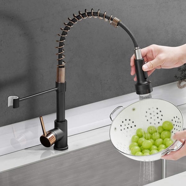 Single Handle Sprayer Standard Kitchen Faucet with LED in Rose Gold and Black, Stainless Steel