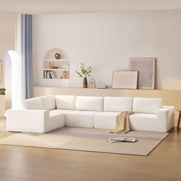 147 in. Square Arm Fabric Sectional Sofa with Wide Seat in. Beige