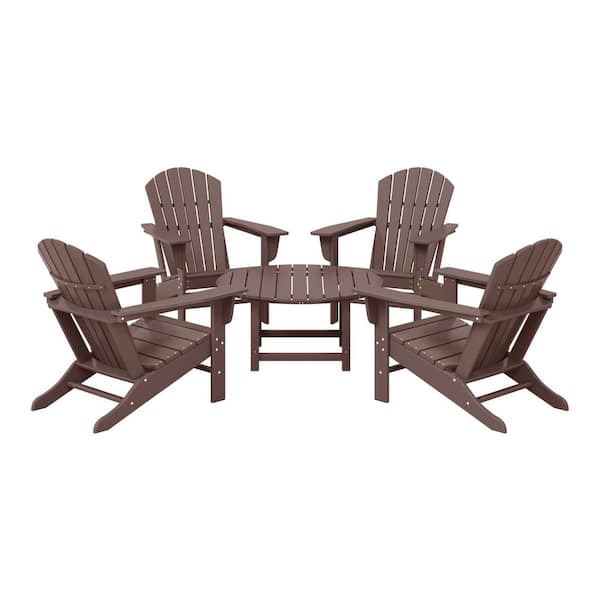 WESTIN OUTDOOR Altura Fade Resistant HDPE Plastic Dark Brown 5-PC Adirondack Chair Outdoor Patio Conversation Set, Round Coffee Table