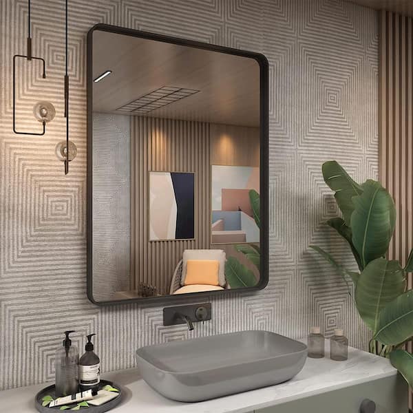 KIOTEE 28 in. W. x 36 in. H Rectangular Framed French Cleat Wall Mounted Tempered Glass Bathroom Vanity Mirror in Matte Black