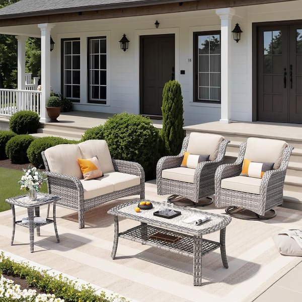 Miziisy Gray 5-Piece Wicker Patio Conversation Set with Beige Cushions and Swivel Chairs