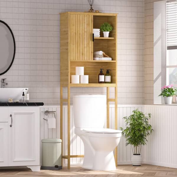 66.9 in. H x 9.5 in. D x 24.4 in. W Yellow Bamboo Over the Toilet Storage with the Sliding Door and Open Storage Area