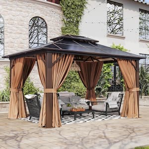 10 ft. x 12 ft. Hardtop Outdoor Double Roof Gazebo with Netting and Curtains for Backyard