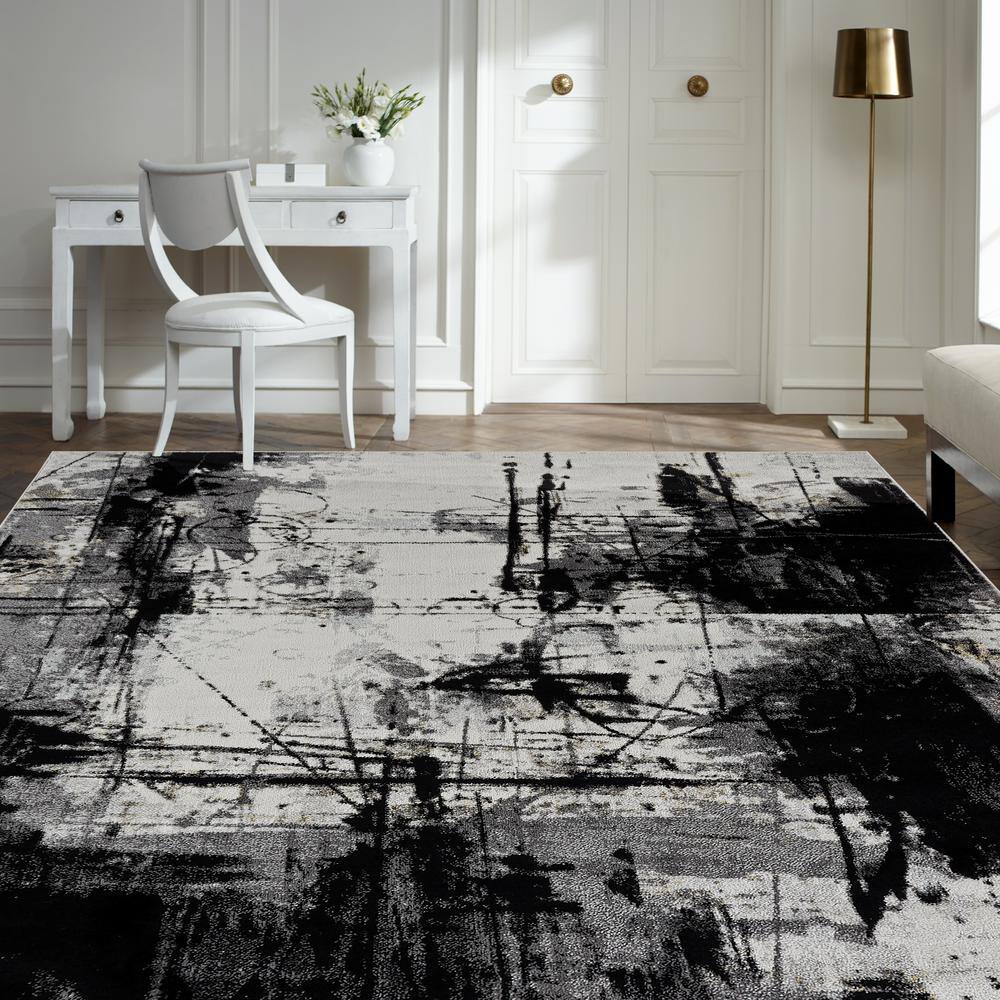 Black and Gray Abstract High Pile Area Rug