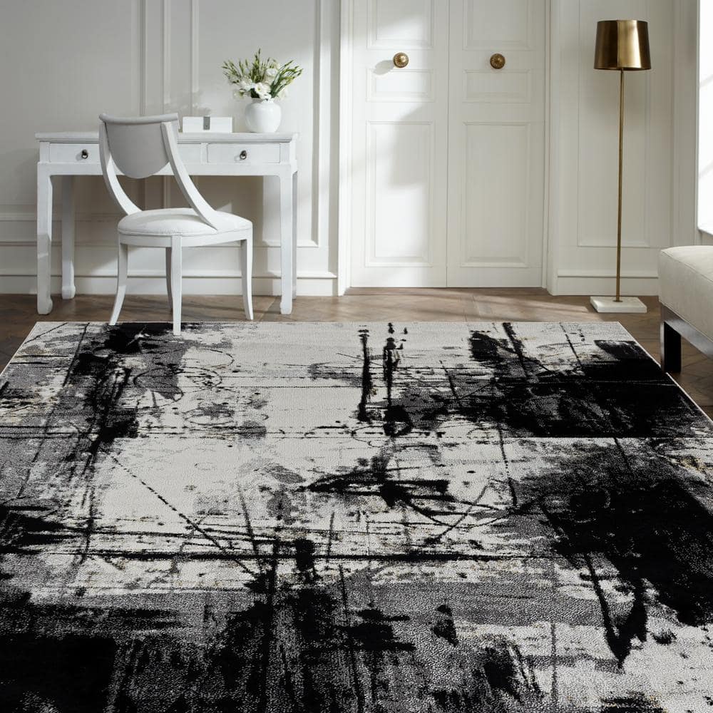 Black and Gray Abstract High Pile Area Rug