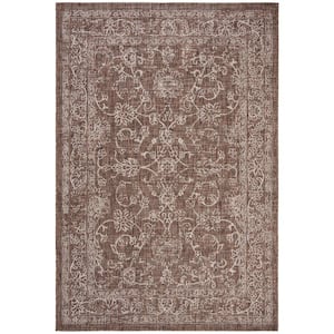 Courtyard Brown/Ivory Doormat 3 ft. x 5 ft. Border Floral Scroll Indoor/Outdoor Patio Area Rug